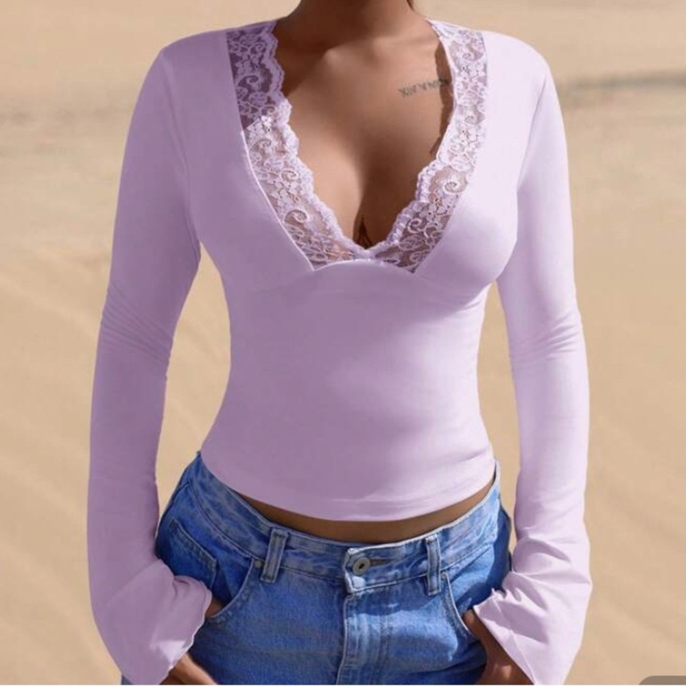 SHEIN Women's Fitted V-Neck Splice Lace Trim Long Sleeve Casual Blouse